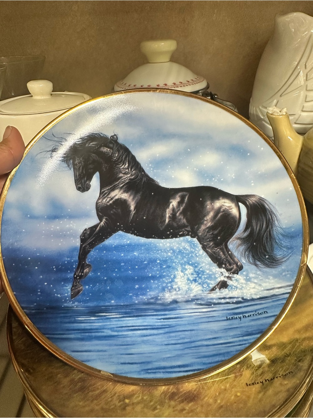 Splash Dance Black Stallion Plate with Blue Seascape and Gold Trim